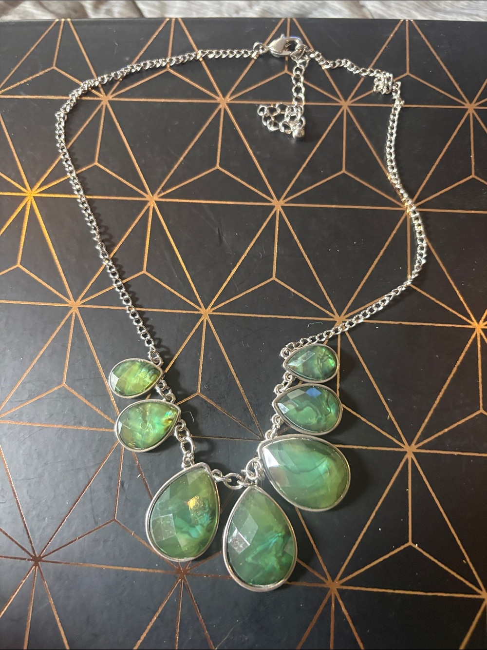 Silver Necklace with Green Teardrop Stones - Women Jewelry